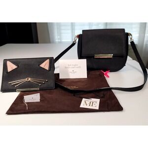 Kate Spade Make It Mine Byrdie Bag Crossbody Black Leather Extra Kitty‎ Cat Flap